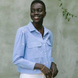 Soludos Savoia Embroidered Daisies Chambray Button Down, Size Small